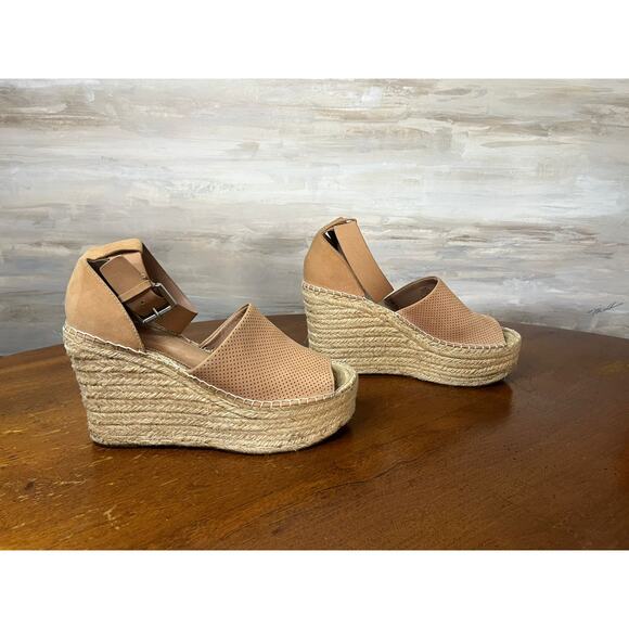 MARC FISHER Perforated Tan Leather ADALYNE Platform Jute Wedge Heels Size 8.5 - Picture 2 of 7